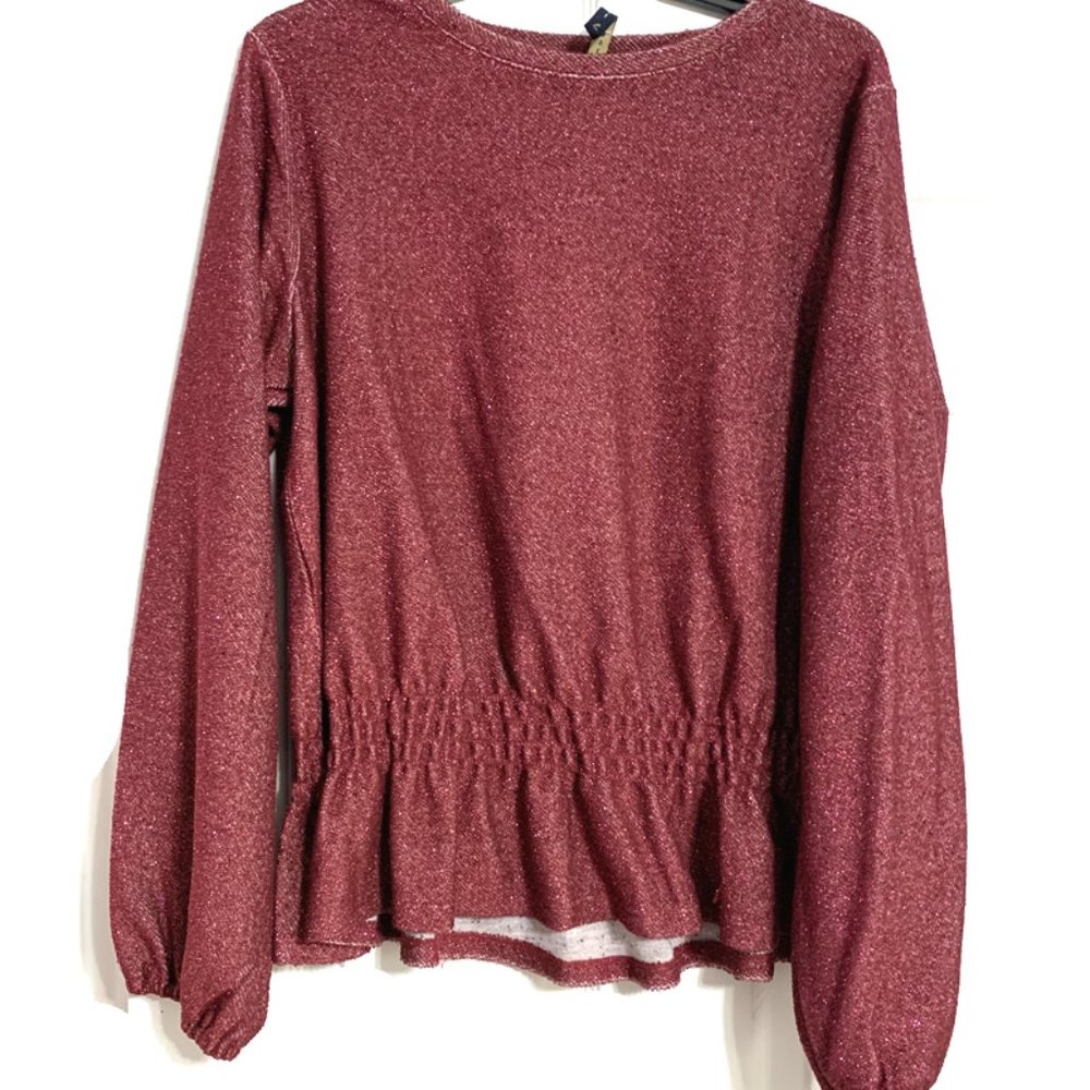 Luna Rae Pink Metallic Knit Balloon Sleeve Peplum Top